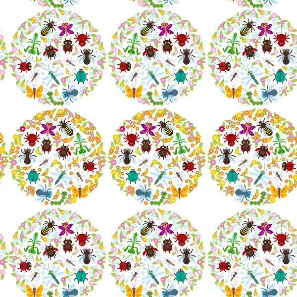 Funny insects Spider butterfly dragonfly mantis beetle wasp ladybugs seamless pattern on white background. Vector — 图库矢量图片