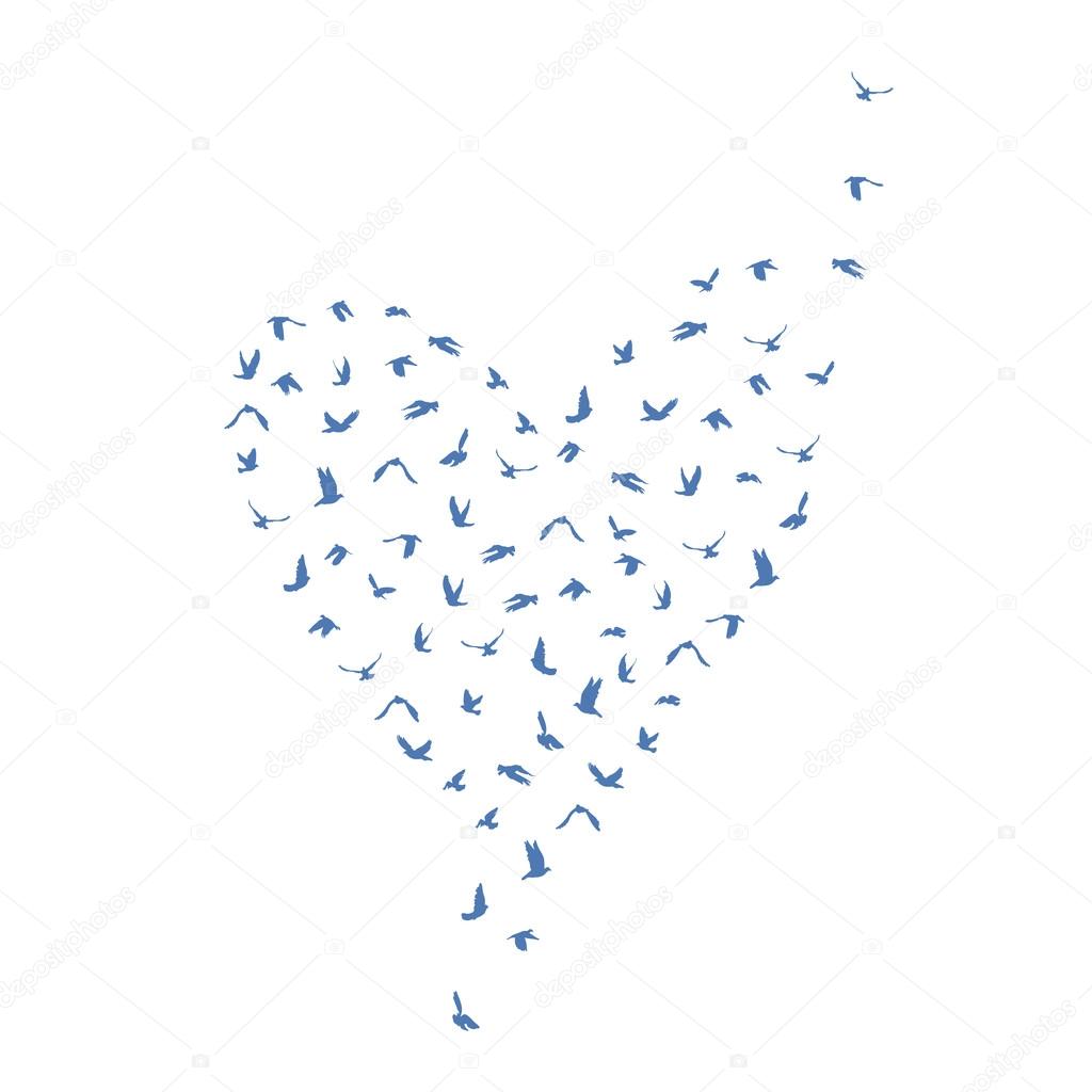 Doves and pigeons set heart shape for peace concept and wedding design. Flying blue birds set. Vector