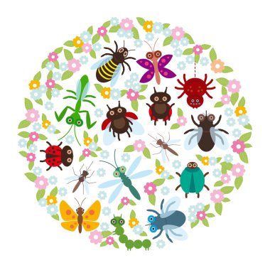 Card design in a circle Funny insects Spider butterfly dragonfly mantis beetle wasp ladybugs on white background. Vector