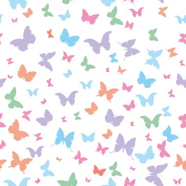butterflies pink lilac blue green isolated silhouette seamless pattern on white background. Vector