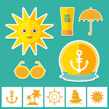 Yaz tatil plaj kümesi. Şemsiye güneş gemi yelken güneş gözlüğü krem direksiyon tekerlek Adası, palmiye ağaçları demir. Mavi zemin üzerine sarı yeşil turuncu. Vektör