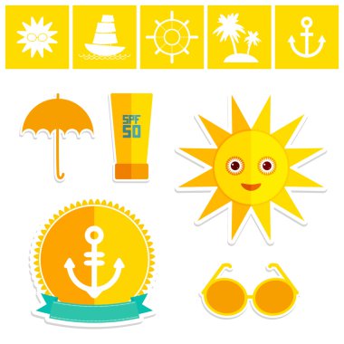 Set of summer vacation beach. Umbrella sun ship sailing sunglasses cream anchor steering wheel island, palm trees. Yellow Green Blue Orange on white background. Vector