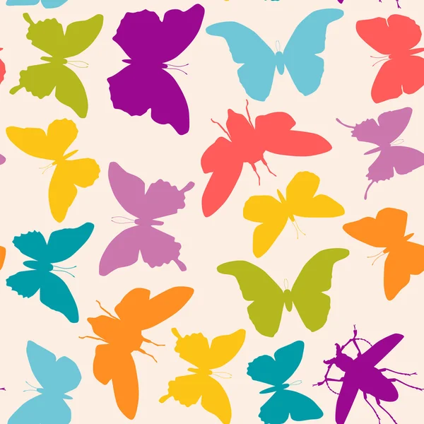 Summer pink lilac blue green butterflies set seamless pattern on pink background. Vector — ストックベクタ