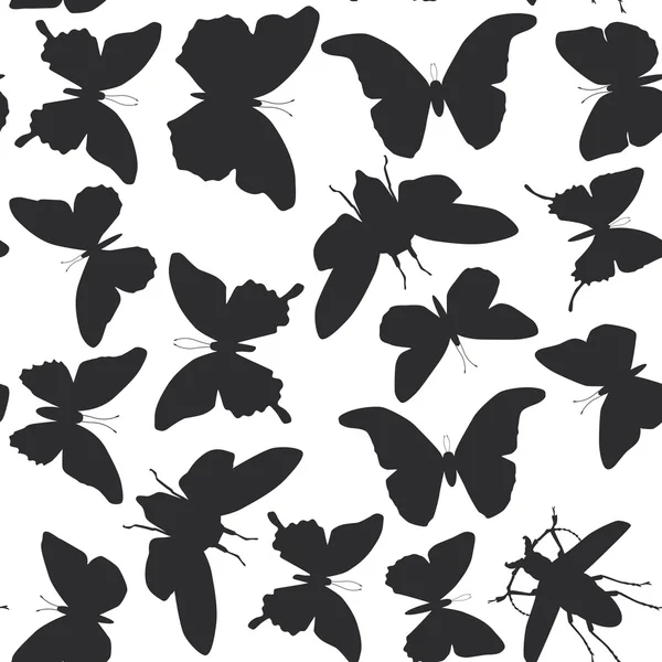Mariposas negras cigarra conjunto silueta aislada patrón sin costuras sobre fondo blanco. Vector — Vector de stock