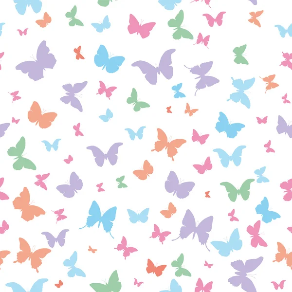 Butterflies pink lilac blue green isolated silhouette seamless pattern on white background. Vector — ストックベクタ