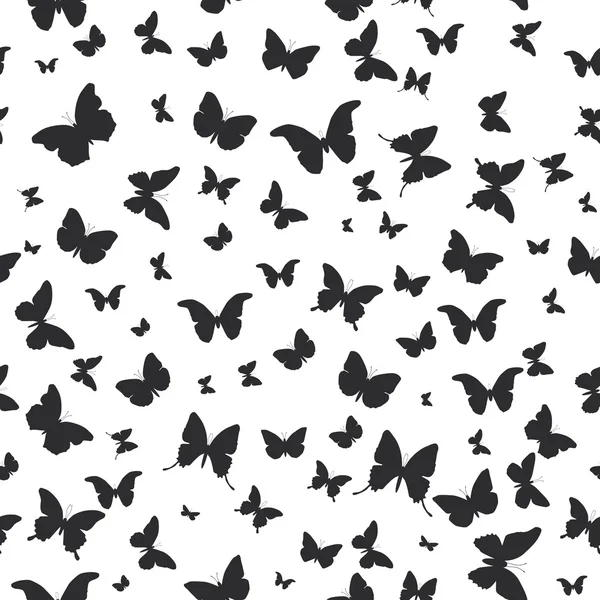 Бабочки устанавливают изолированный силуэт бесшовный рисунок на белом фоне. Вектор — стоковый вектор