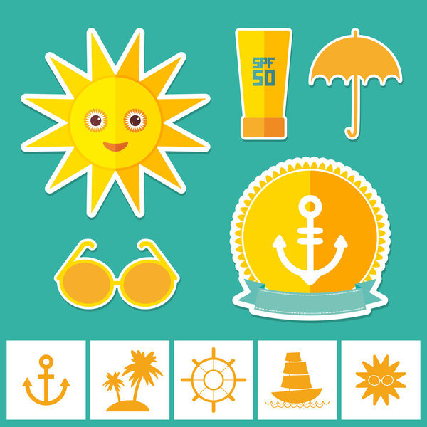 Set of summer vacation beach. Umbrella sun ship sailing sunglasses cream anchor steering wheel island, palm trees. Yellow Green Orange on blue background. Vector