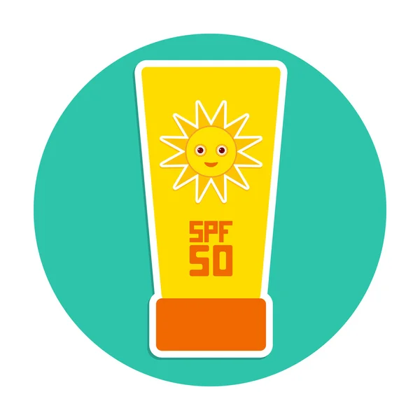 Sunscreen SPF 50. The yellow tube on blue background. Summer vacation beach. Round Card Design. Vector