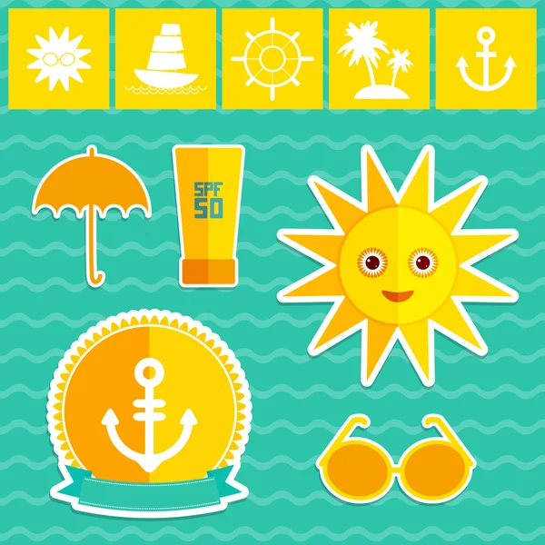 Zomer vakantie strand set. Paraplu zon schip zeilen zonnebril crème anker stuurinrichting wiel eiland, palmbomen. Geel groen oranje op blauwe achtergrond. Vector — Stockvector