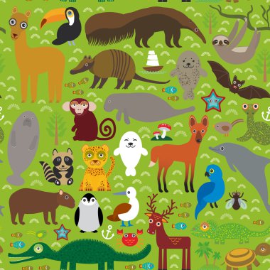 South America seamless pattern sloth anteater toucan lama fur seal armadillo boa manatee dolphin Maned wolf raccoon jaguar macaw lizard turtle crocodile deer penguin Blue-footed booby Capybara. Vector