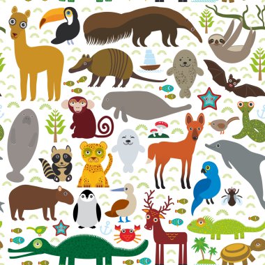 South America seamless pattern sloth anteater toucan lama bat fur seal armadillo boa manatee dolphin Maned wolf jaguar macaw lizard turtle crocodile deer penguin Blue-footed booby Capybara. Vector