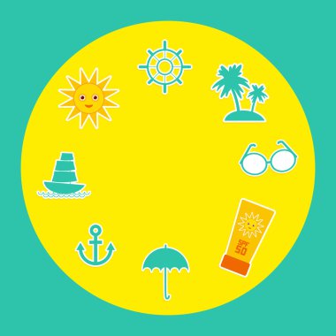 Set of summer vacation beach. Umbrella sun ship sailing sunglasses cream anchor steering wheel island, palm trees. Yellow Green Blue Orange. Vector