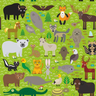 seamless pattern bison bat manatee fox elk horse wolf partridge fur seal Polar bear Pit viper snake Mountain goat raccoon Eagle skunk parakeet Jaguar hare narwhal elk Grizzly gannet Muskox turtle alli