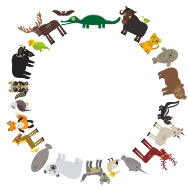 Animal round frame, bison bat manatee fox elk horse wolf fur seal Polar bear Mountain goat raccoon Eagle skunk parakeet Jaguar narwhal elk Grizzly gannet Muskox alligator. Vector