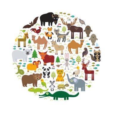 Eurasia animal bison bat fox wolf elk horse cock camel partridge fur seal Walrus goats Polar bear Eagle bull raccoon snake sheep panda leopard Brown bear deer gannet Crocodile turtle elephant. Vector