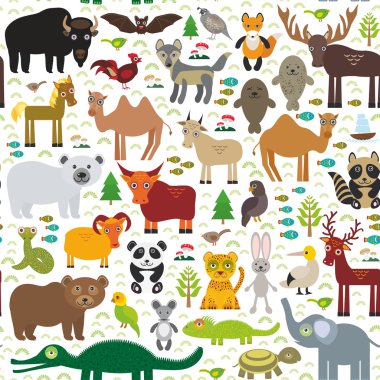 seamless pattern bison bat fox wolf elk horse cock camel partridge seal Walrus goats Polar bear Eagle bull raccoon snake sheep panda leopard Brown bear deer gannet Crocodile turtle elephant. Vector