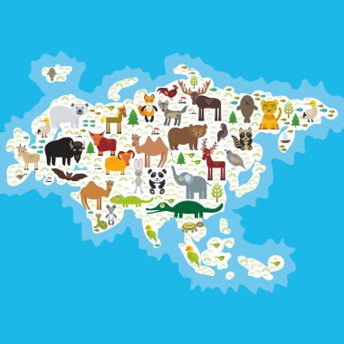 Eurasia animal bison bat fox wolf elk horse cock camel partridge fur seal Walrus goats Polar bear Eagle bull raccoon snake sheep panda leopard Brown bear deer gannet Crocodile turtle elephant. Vector