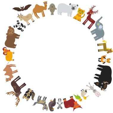 round frame. animal card template. bison bat fox wolf elk horse camel partridge fur seal Walrus goats Polar bear Eagle bull raccoon panda leopard Brown bear deer gannet elephant. Vector