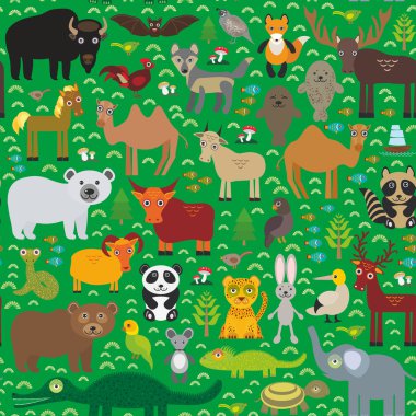 seamless pattern bison bat fox wolf elk horse cock camel partridge seal Walrus goats Polar bear Eagle bull raccoon snake sheep panda leopard Brown bear deer gannet Crocodile turtle elephant. Vector