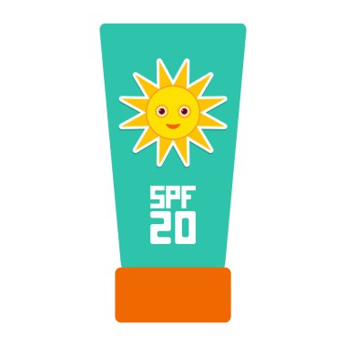 Suntan lotion Sun Cream Container.  Sunscreen SPF 20. The blue tube on white background. sun care cosmetics. Summer vacation beach. Vector