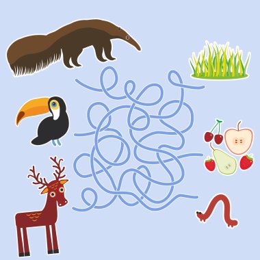 Bird toucan anteater and deer on blue background labyrinth game for Preschool Children. Vector