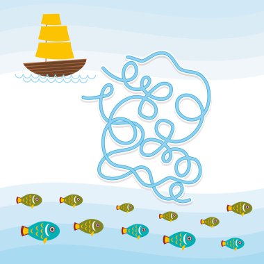 Sea fish and the boat with sails on blue background labyrinth game for Preschool Children. Vector