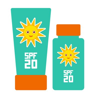 Tube container of sun cream Sunscreen SPF 20. The blue tube on white background. Summer, sun tanning and sunscreen concept. sun care cosmetics. Summer vacation beach. Vector