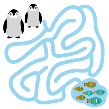 Two penguin and fish on white background  labyrinth game for Preschool Children. Vector