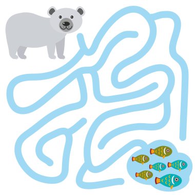 Polar bear and fish on white background  labyrinth game for Preschool Children. Vector