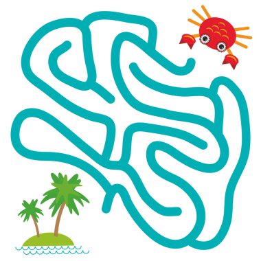 Red crab and island with palm trees on white background  labyrinth game for Preschool Children. Vector