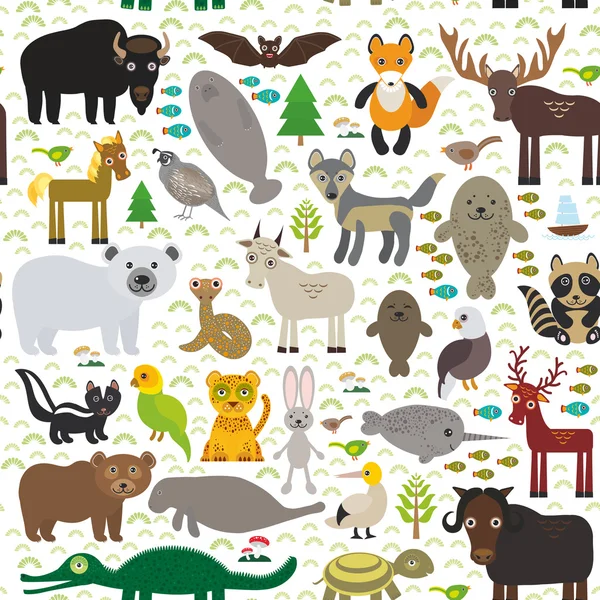 Seamless pattern bison bat manatee fox elk horse wolf partridge fur seal Polar bear Pit viper snake Mountain goat raccoon Eagle skunk parakeet Jaguar hare narwhal elk Grizzly gannet Muskox turtle alli — ストックベクタ