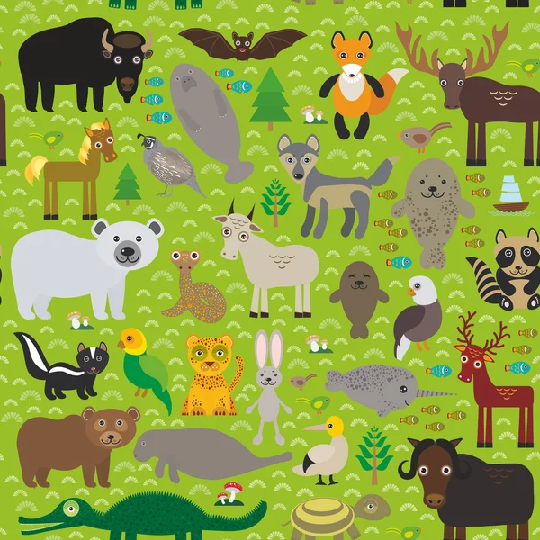 Seamless pattern bison bat manatee fox elk horse wolf partridge fur seal Polar bear Pit viper snake Mountain goat raccoon Eagle skunk parakeet Jaguar hare narwhal elk Grizzly gannet Muskox turtle alli — Stockvector