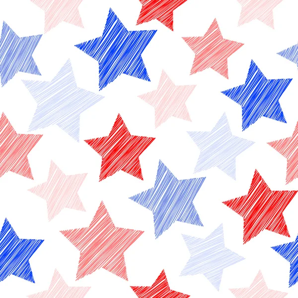 Sketch seamless pattern with stars. Red, blue stars on white bac — 图库矢量图片