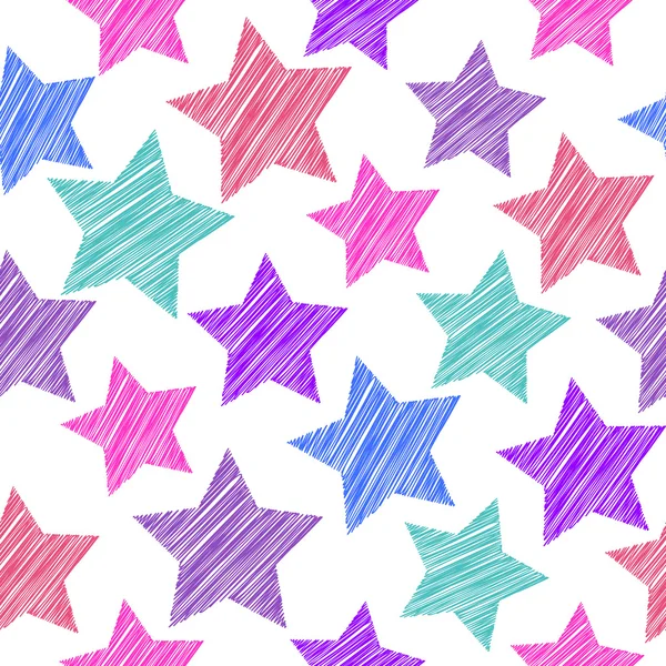 Dibuja un patrón sin costuras con estrellas. Rojo rosa lila estrellas azules en — Vector de stock