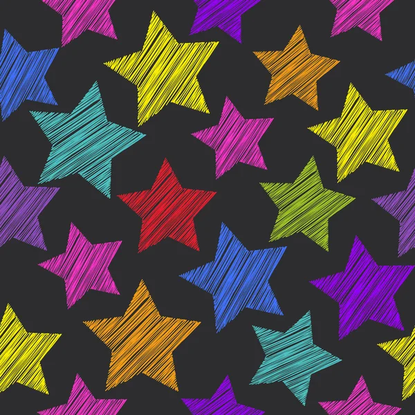 Sketch seamless pattern with stars. Red green orange pink lilac — 图库矢量图片