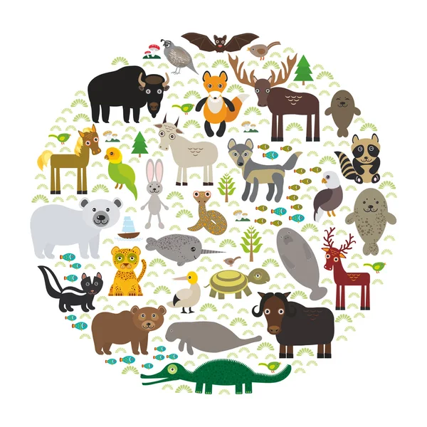 Bison bat manatee fox elk horse wolf partridge fur seal Polar bear Pit viper snake Mountain goat raccoon Eagle skunk parakeet Jaguar hare narwhal elk Grizzly gannet Muskox turtle alligator. Vector — 图库矢量图片