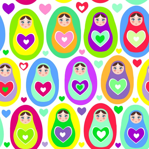 Seamless pattern Russian dolls Matryoshka on white background, bright colors. Birthday, baby shower, party, design. Vector — Stockvector