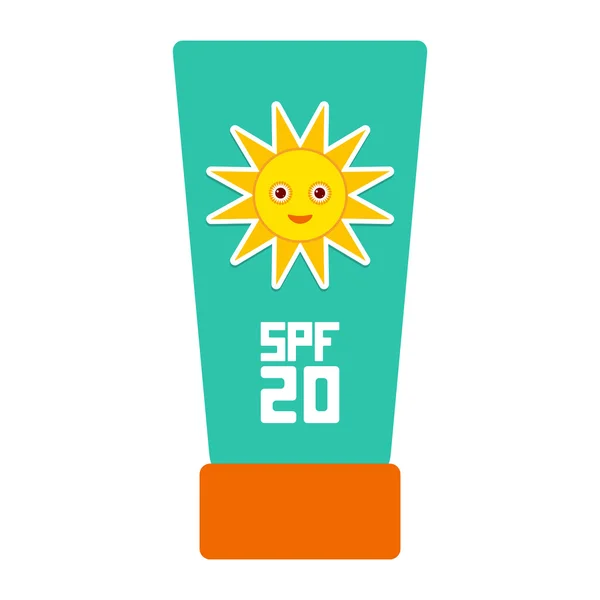 Loción bronceadora Sun Cream Container. Protector solar SPF 20. El tubo azul sobre fondo blanco. cosméticos de cuidado solar. Playa de vacaciones de verano. Vector — Vector de stock