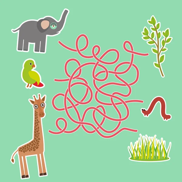 Vogel Papagei Elefant und Giraffe auf grünem Hintergrund Labyrinthspiel für Vorschulkinder. Vektor — Stockvektor