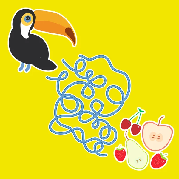 Toucan Bird e a cereja de morango de pêra de maçã no jogo de labirinto de fundo amarelo para crianças pré-escolares. Vetor —  Vetores de Stock