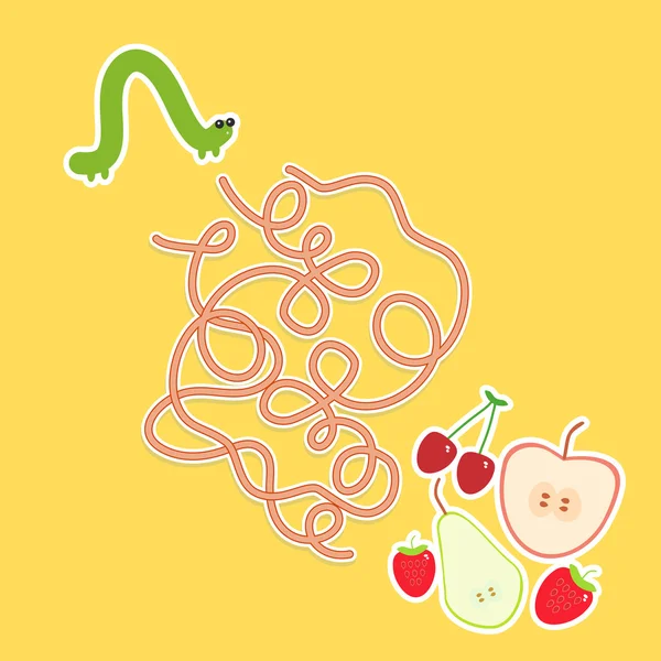 Caterpillar e cereja de morango de pêra de maçã no jogo de labirinto de fundo amarelo para crianças pré-escolares. Vetor —  Vetores de Stock