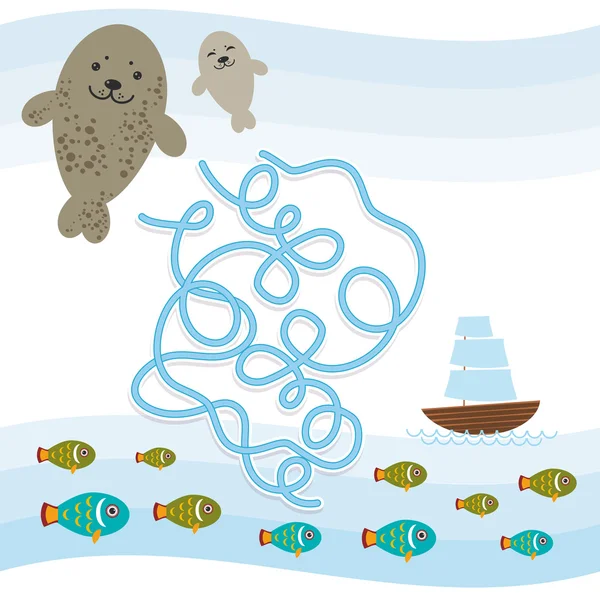 Fur seal Fish and Boat on blue background labyrinth game for Preschool Children. Vector — Stok Vektör