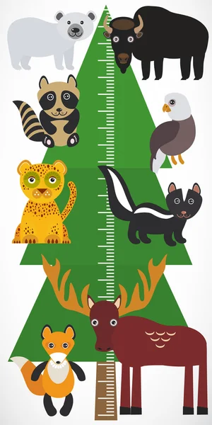 Big green tree spruce, polar bear bison eagle Leopard raccoon skunk elk fox on white background. Children height meter wall sticker, kids measure. Vector — Stock vektor