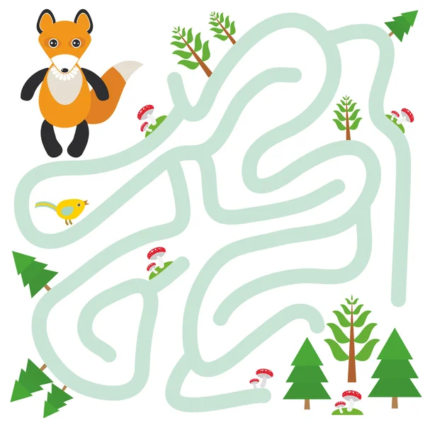 Fox and the Forest em jogo de labirinto de fundo branco para crianças pré-escolares. Vetor — Vetor de Stock