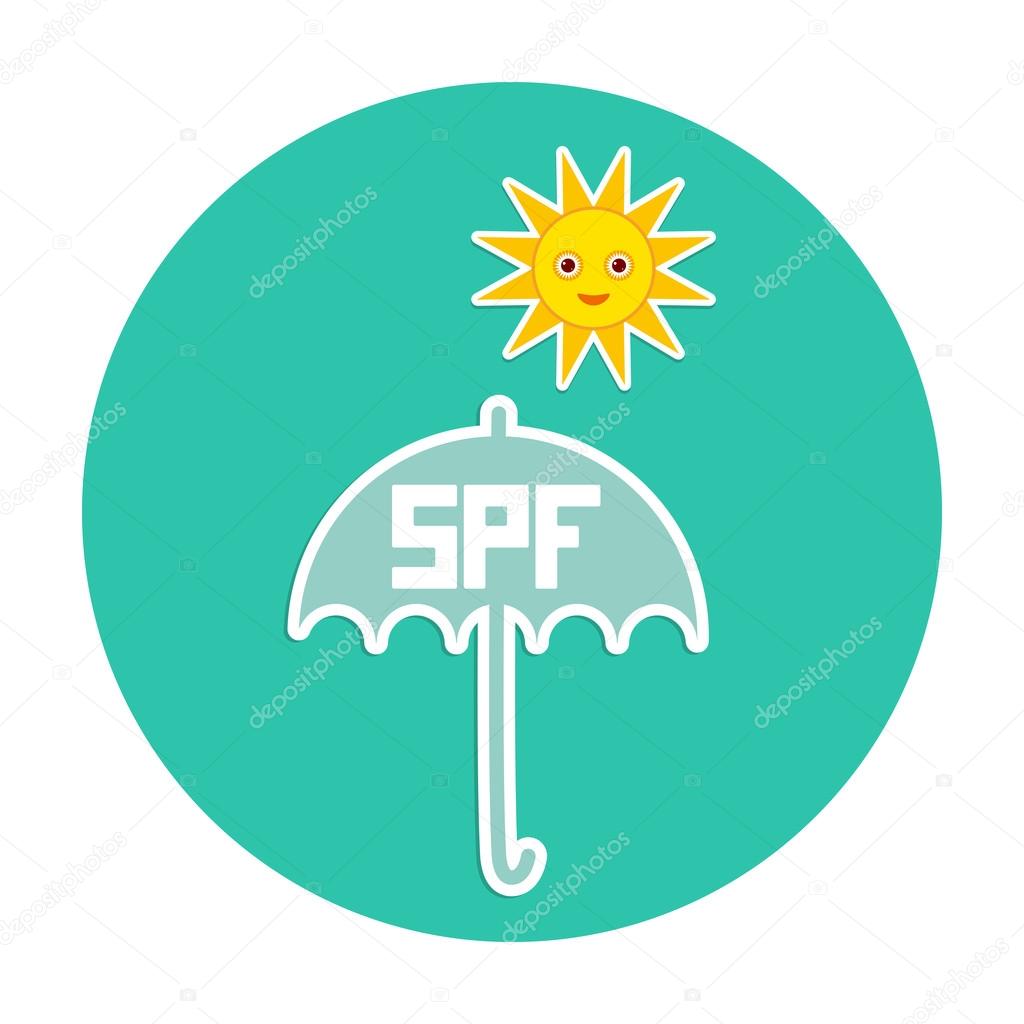 Summer vacation beach Round Card Design. Umbrella, bright sun, sunscreen, SPF. Yellow Green Blue. Vector