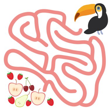Toucan Bird and the apple pear strawberry cherry on white background  labyrinth game for Preschool Children. Vector