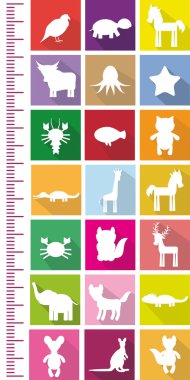 Bird Horse Turtle Octopus Fish cancer giraffe unicorn cat crocodile deer elephant wolf kangaroo white silhouettes on bright colored squares Children height meter wall sticker, kids measure. Vector