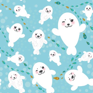 Seamless pattern Funny albino white fur seal pups, cute winking seals with pink cheeks and big eyes. Kawaii animals on blue background. Vector