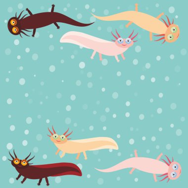 Cute orange pink brown Axolotl Cartoon character on blue background in the aquarium (Mexican salamander, Ambystoma mexicanum) aquarium animal. Vector