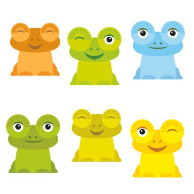 Cute Cartoon funny frog set yellow green blue orange on white background. Vector